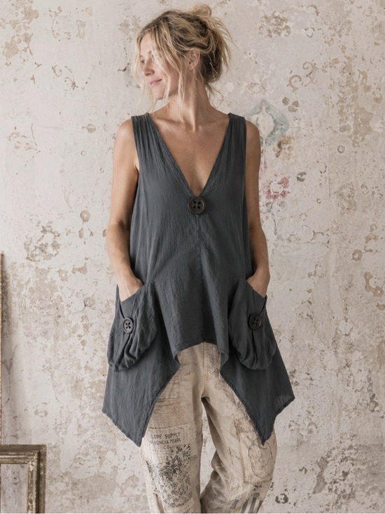 Vintage Tops - Peace Work Woman Gray Cotton Gauze V-Neck Relax Fit Tunic MEDIUM Lagenlook Boho